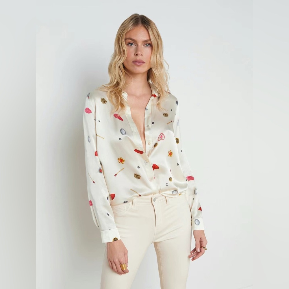 NWT L'agence Tyler Silk Champagne Multi Heart Jewel Blouse